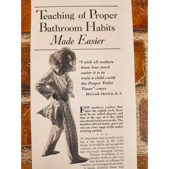 1940 Scot‎ Tissue Teaching Proper Bathroom Habits Cute Kid Vtg Print Ad - Picture 1 of 8
